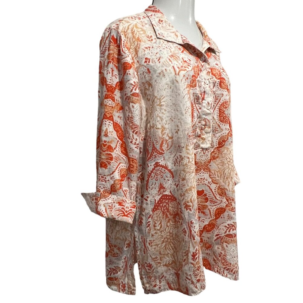 Chico's Linen Tunic Top, Relaxed Fit, Paisley, Orange Ivory, XL